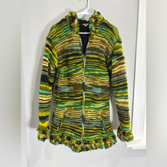 100% Wool Jacket Chunky Pixie Hood Knit Unisex Boho Fleece Lined Warm Cardigan - Picture 1 of 11